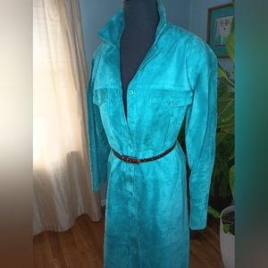 Teal Suede Shirt Dress with Leather Belt